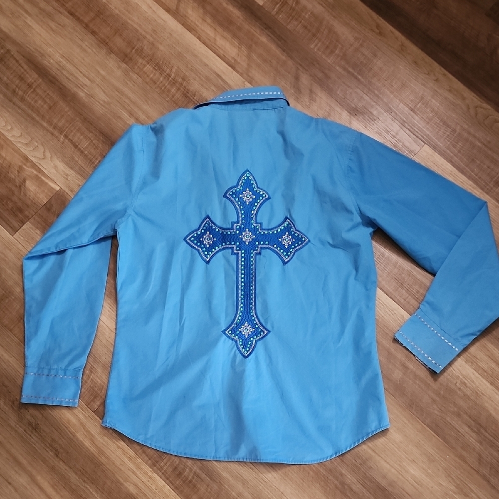 Ace of Diamond Blue Embroidered Cross Western Shirt Men’s Long Sleeve - Picture 9 of 13